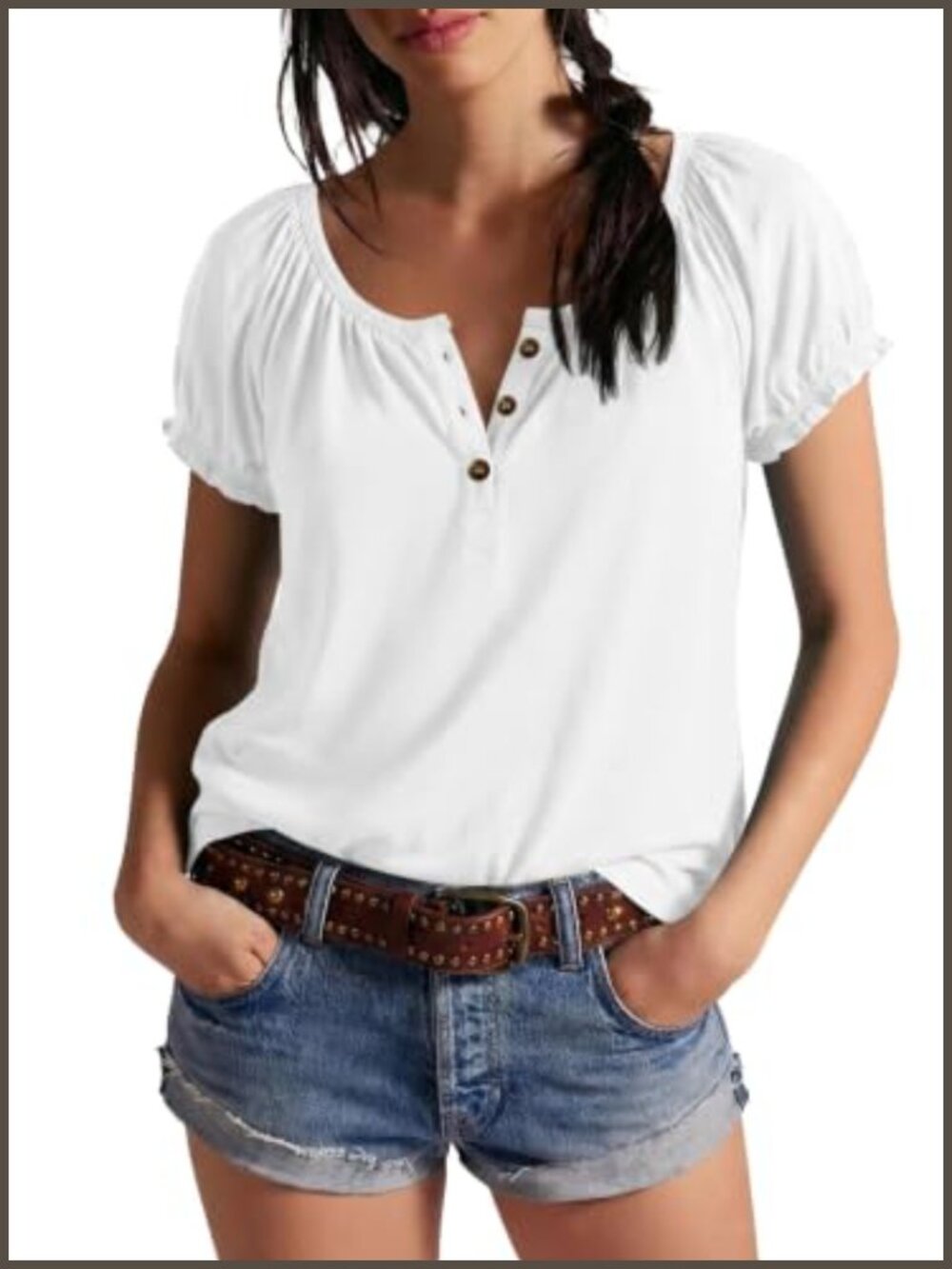 Cute Babydoll Henley Top Short Puff Sleeve Ruffle Summer Shirt